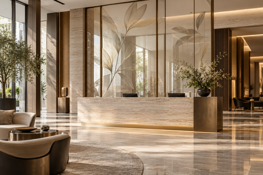 Luxury hotel reception with an elegant botanical design printed on a clear DecoGlass partition