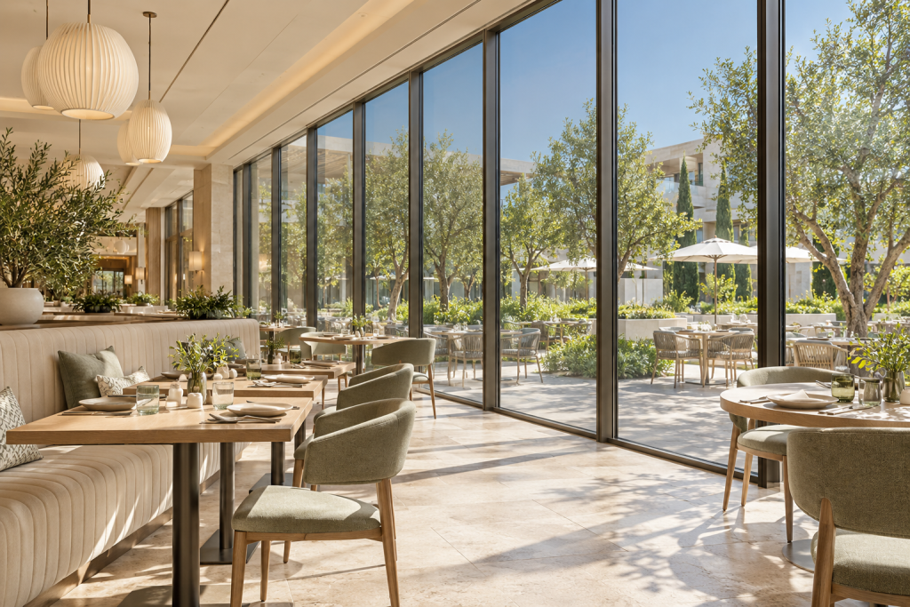 Bright hotel restaurant with HUEE dynamic glazing controlling sunlight across exterior windows