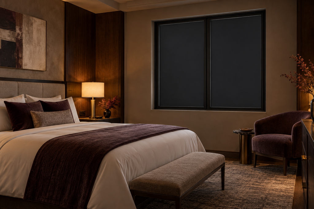 Hotel guest room with Lyto™ Smart Shades providing blackout inside two window glass units
