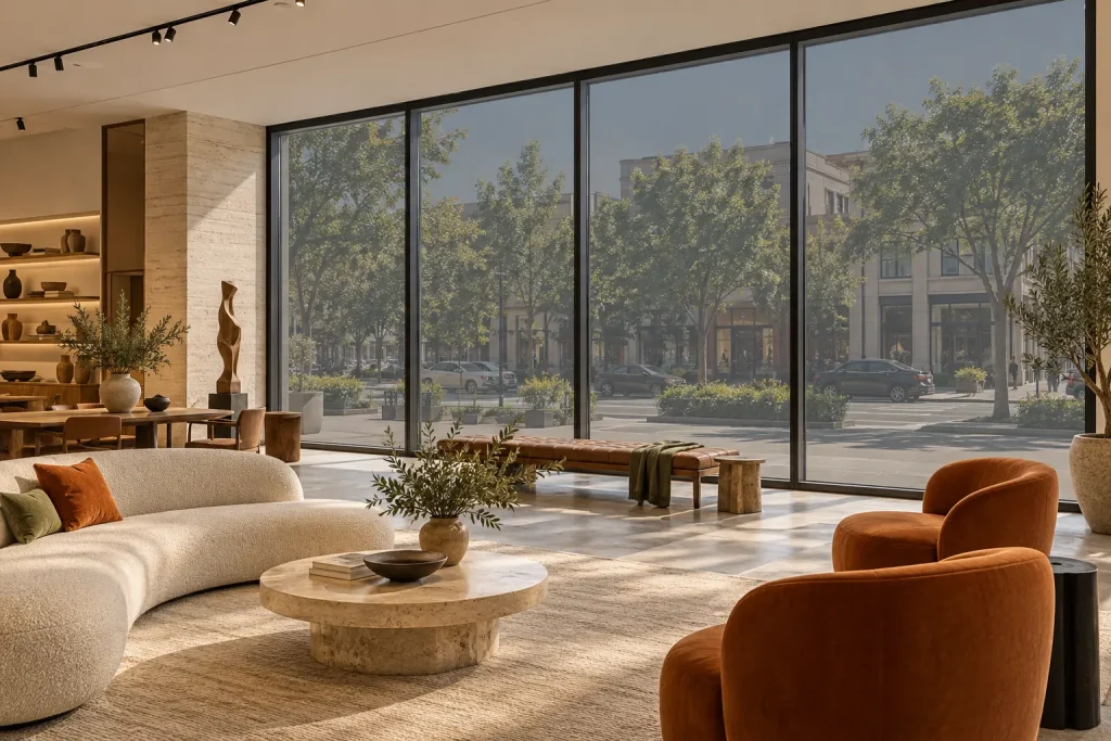 HUEE dynamic glazing in its solar-control state across a furniture showroom storefront