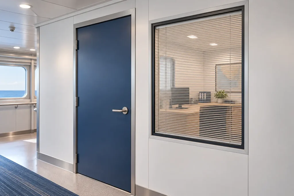 Integral BetweenGlassBlinds in a crew administration office window aboard a vessel.