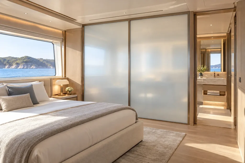 Clarity switchable privacy glass partition in a contemporary yacht suite.