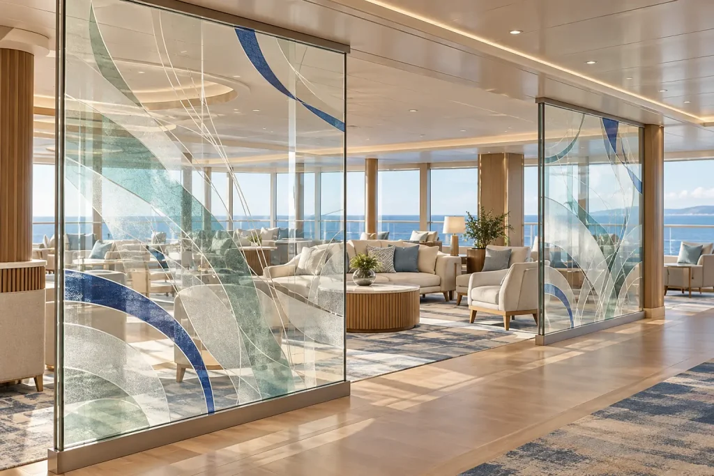Printed DecoGlass screens dividing a bright passenger-vessel lounge.