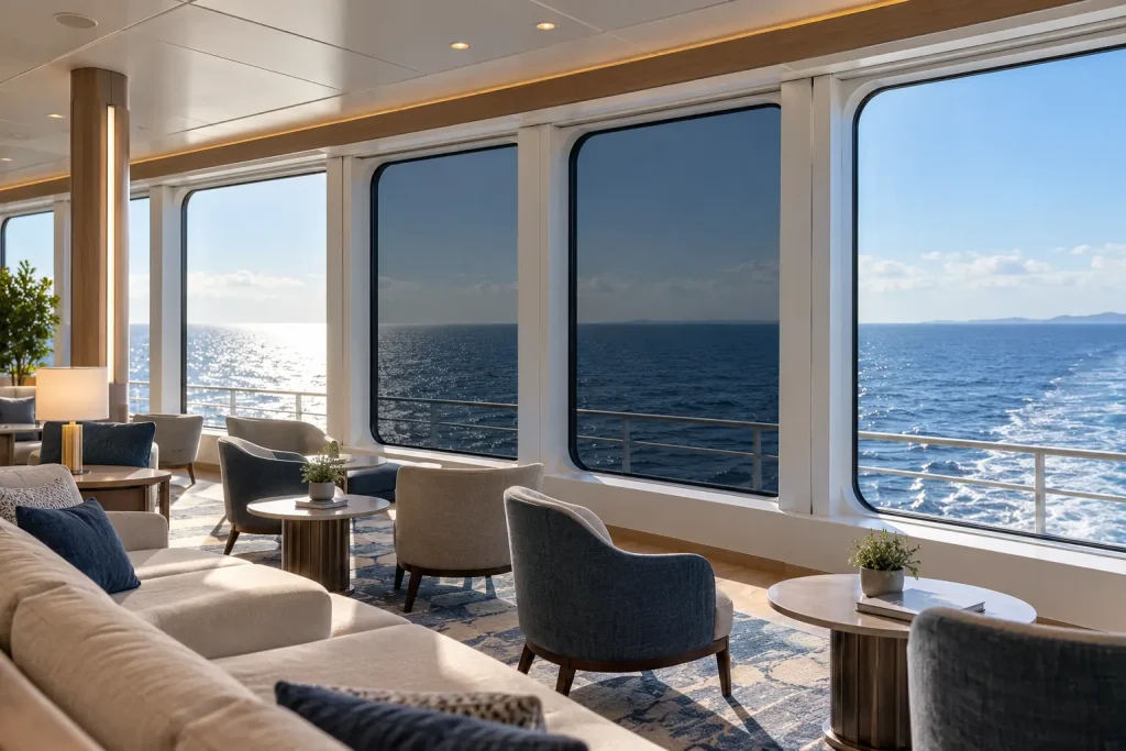 HUEE dynamic glazing controlling sunlight through passenger-lounge windows aboard a vessel.