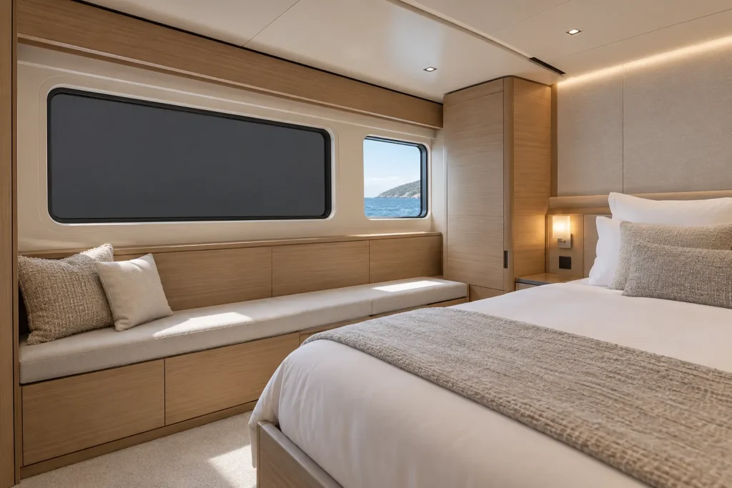 Lyto blackout smart shade sealed inside a yacht guest-cabin window.