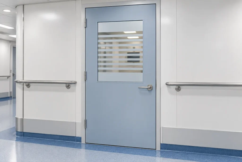 Vistamatic privacy vision panel centered in a passenger-vessel medical-room door.