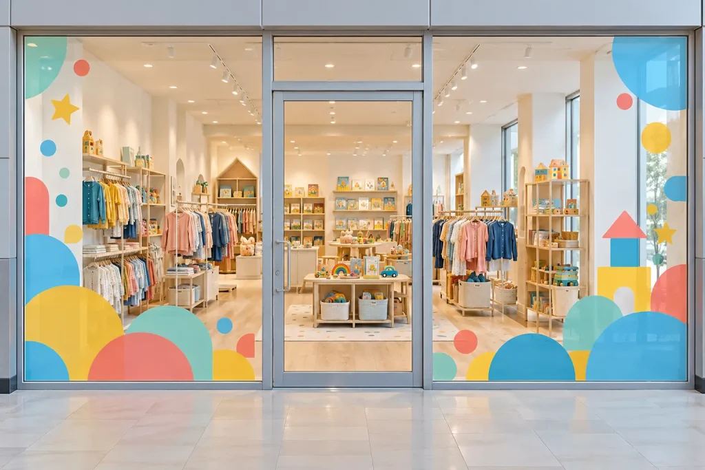 Colorful decorative glass storefront at a children’s clothing and toy store.