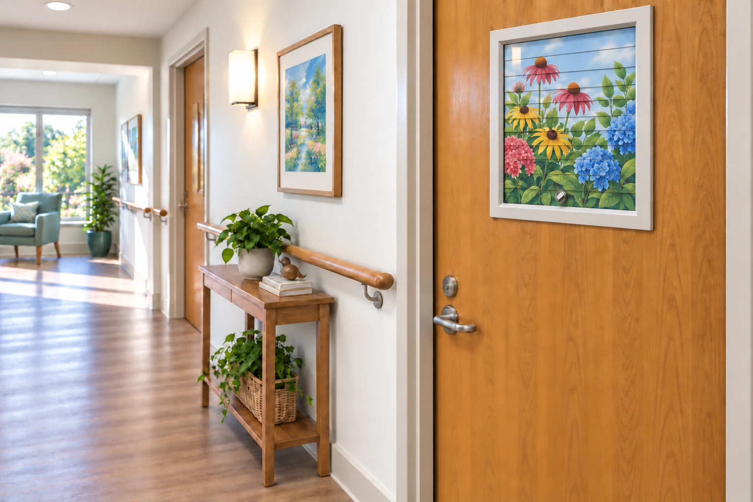 Floral VistaArt vision panel in a wooden door along a bright memory care corridor with handrails and natural light.