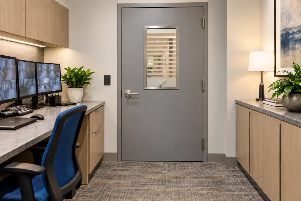 Hotel security office door with a Vistamatic® mechanical privacy vision panel