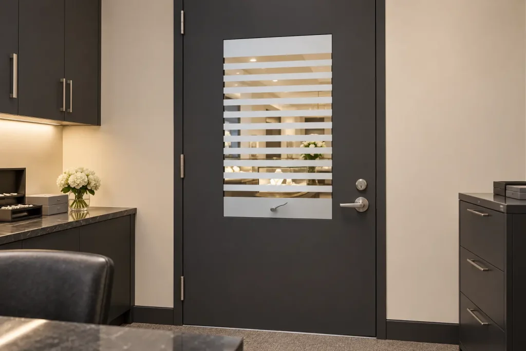 Vistamatic® privacy vision panel with separate door hardware in a jewelry-store security office
