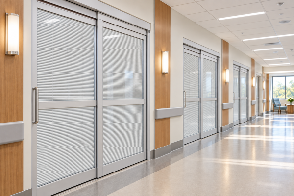 Hospital corridor with BetweenGlassBlinds integrated into glazed patient-room doors