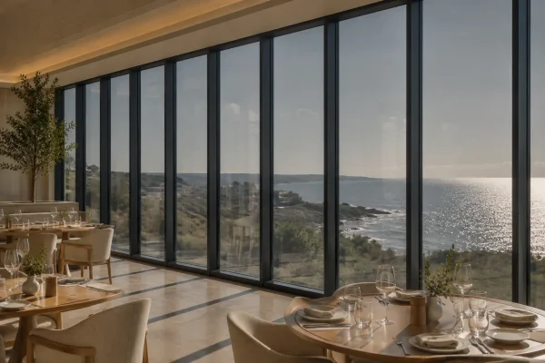 HUEE SunControl glazing moderates bright sunlight in a coastal hotel restaurant