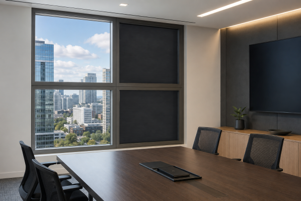 Lyto electrostatic microshading installed in a commercial conference room, shown in clear and blackout states.