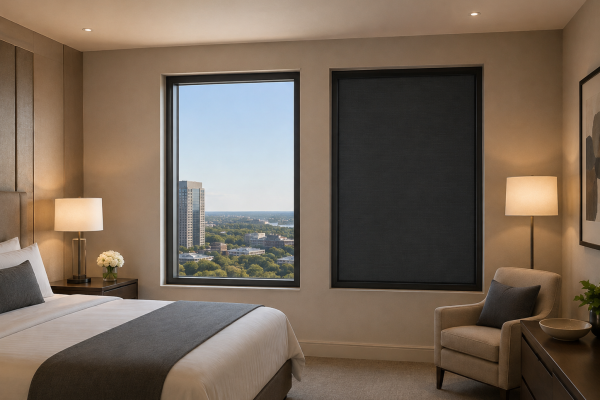 Hotel guest room with one clear window and one window covered by a Lyto smart blackout shade
