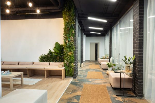 Modern behavioral health facility lobby with glass-fronted rooms, natural greenery, and comfortable waiting areas