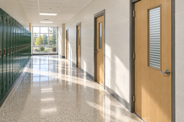 School hallway with Vistamatic privacy panels installed in classroom doors